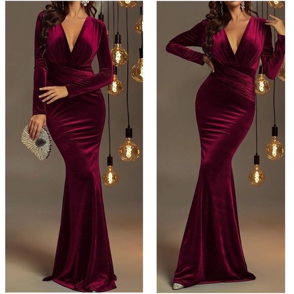 Luxe Velvet Plunging Neck Mermaid Hem Party Formal Wedding Dress - Picture 5 of 5
